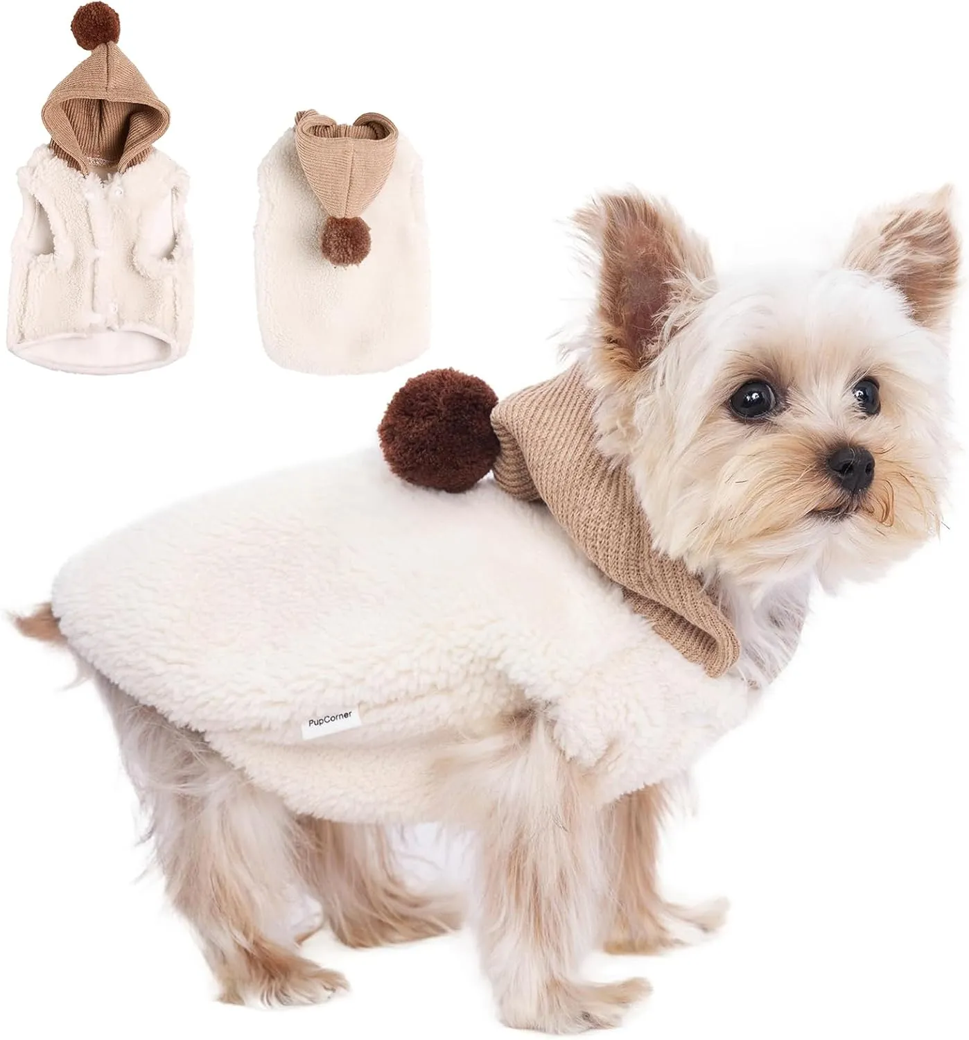 Winter Small Dog Double Fleece Hoodie, Cute Warm Sleeveless Buckle Sweater for Teacup Chihuahua Yorkshire, Coat for Small Medium Dogs and Cats (Beige, Small)