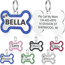 YEHANTI Dog Tags Personalized for Pets - Durable Stainless Steel Pet ID Tags with Lovely Icons, Glitter Bone Custom Dog Tags for Large Small Dogs Cats, Dog Name Tags Engraved On Both SidesS, Blue